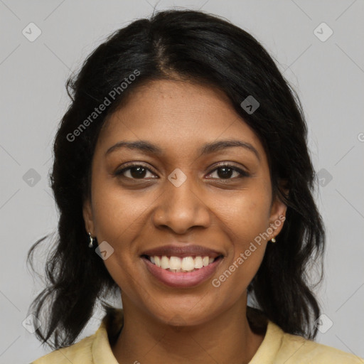 Joyful black young-adult female with medium  black hair and brown eyes