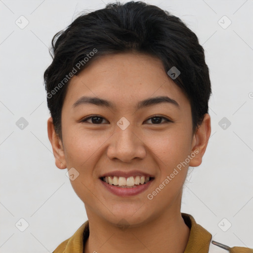 Joyful asian young-adult female with short  brown hair and brown eyes