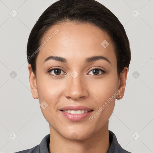 Joyful white young-adult female with short  brown hair and brown eyes