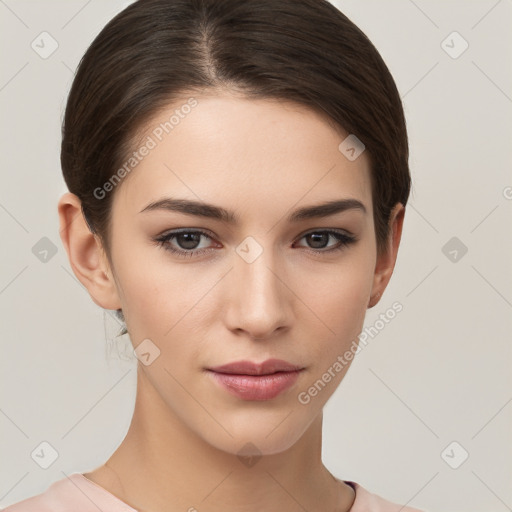 Neutral white young-adult female with medium  brown hair and brown eyes