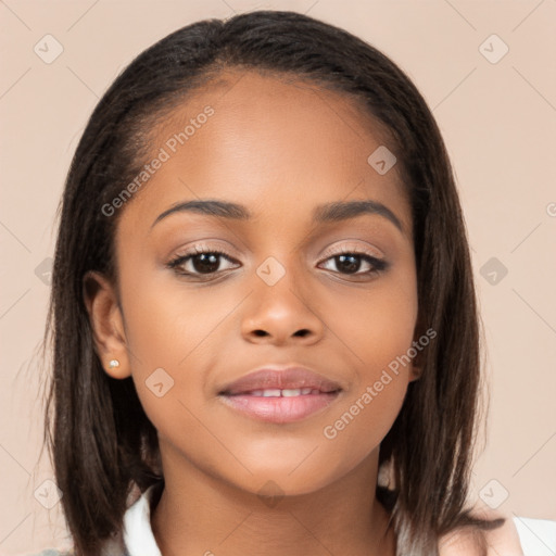 Joyful latino young-adult female with long  brown hair and brown eyes