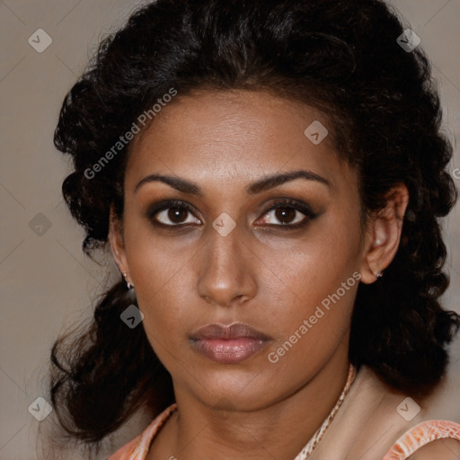 Neutral black young-adult female with medium  brown hair and brown eyes