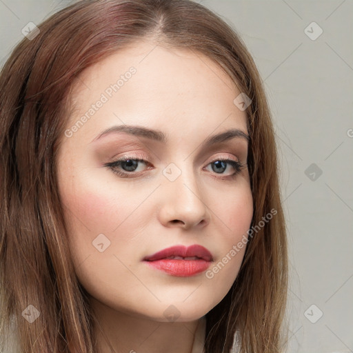 Neutral white young-adult female with long  brown hair and brown eyes