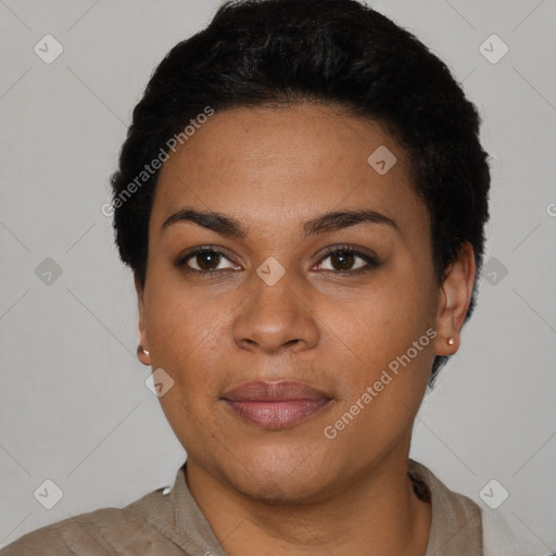 Joyful latino young-adult female with short  black hair and brown eyes