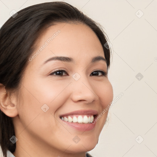 Joyful white young-adult female with medium  brown hair and brown eyes