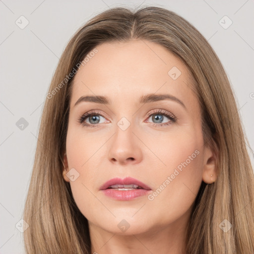 Neutral white young-adult female with long  brown hair and brown eyes