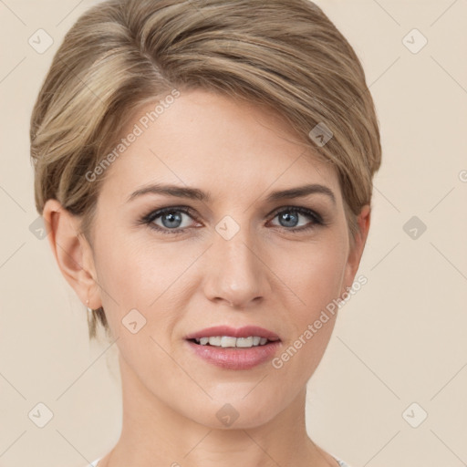 Joyful white young-adult female with short  brown hair and grey eyes