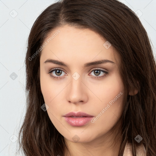 Neutral white young-adult female with long  brown hair and brown eyes