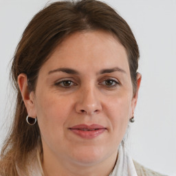 Joyful white adult female with medium  brown hair and brown eyes