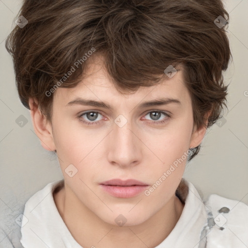 Neutral white young-adult female with short  brown hair and brown eyes