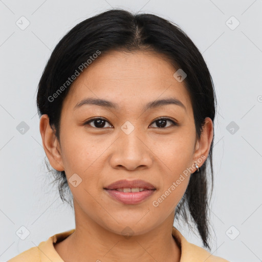 Joyful asian young-adult female with medium  brown hair and brown eyes