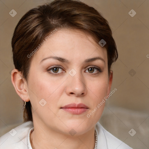 Neutral white young-adult female with medium  brown hair and brown eyes