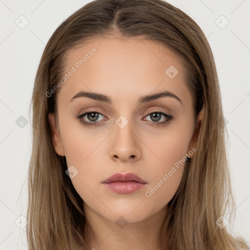 Neutral white young-adult female with long  brown hair and brown eyes