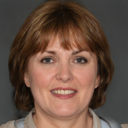 Joyful white adult female with medium  brown hair and brown eyes