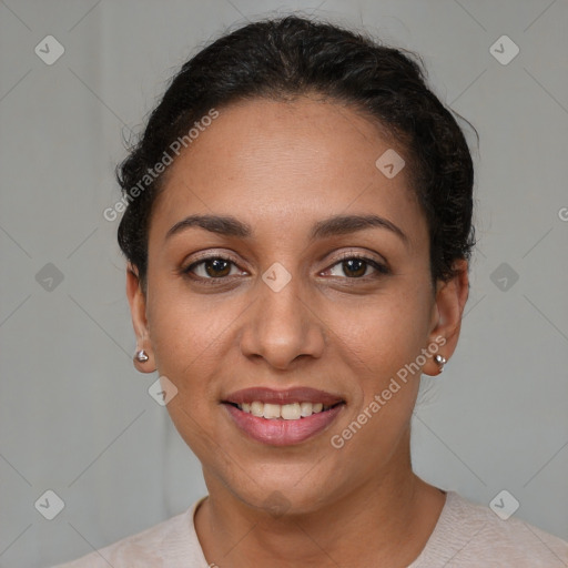 Joyful latino young-adult female with short  brown hair and brown eyes