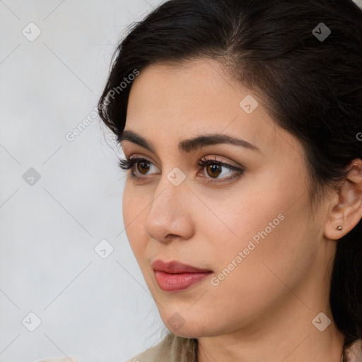 Neutral white young-adult female with medium  brown hair and brown eyes