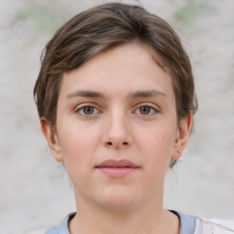 Neutral white young-adult female with short  brown hair and brown eyes