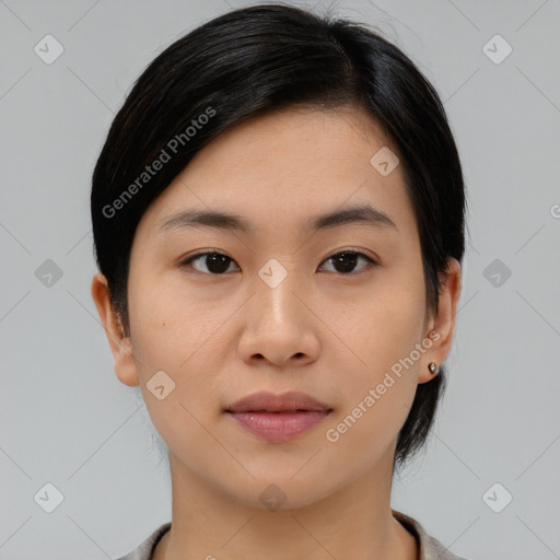 Neutral asian young-adult female with short  black hair and brown eyes