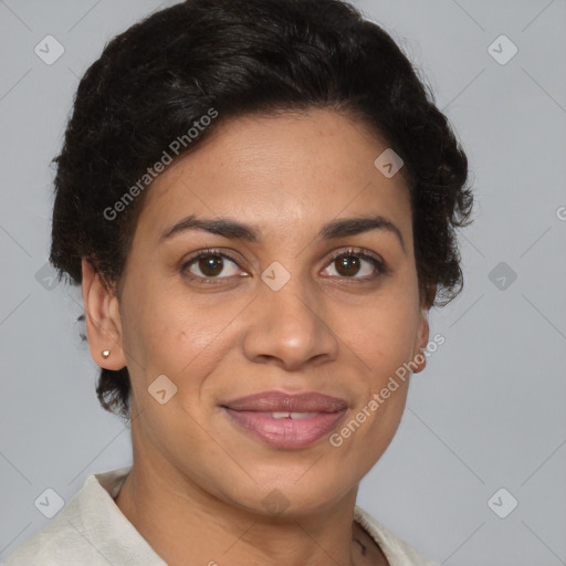 Joyful latino young-adult female with short  brown hair and brown eyes