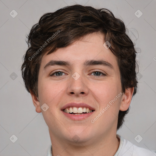 Joyful white young-adult male with medium  brown hair and brown eyes