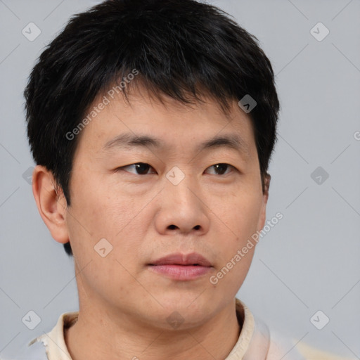Neutral asian young-adult male with short  brown hair and brown eyes