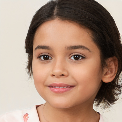 Joyful white child female with medium  brown hair and brown eyes