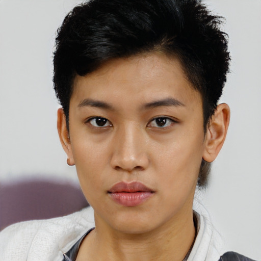 Neutral asian young-adult female with short  black hair and brown eyes