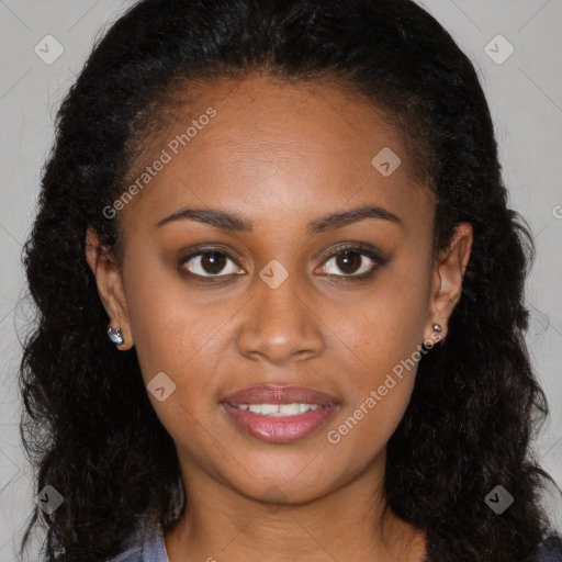 Joyful black young-adult female with long  brown hair and brown eyes