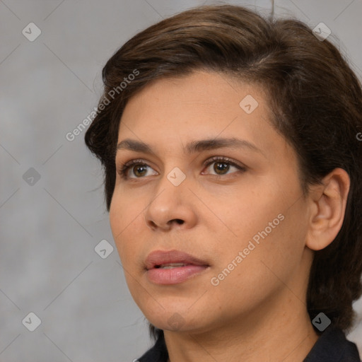 Neutral white young-adult female with medium  brown hair and brown eyes