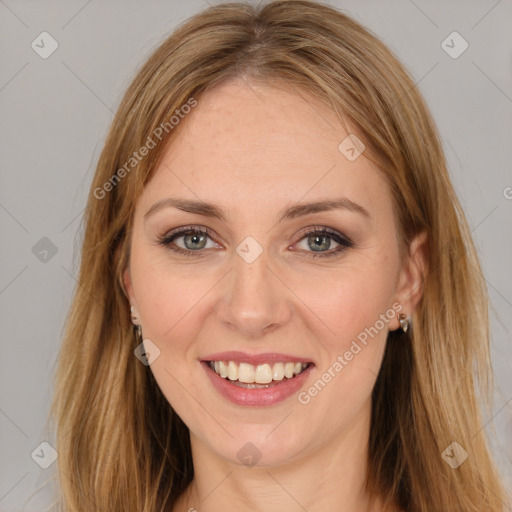 Joyful white young-adult female with long  brown hair and brown eyes