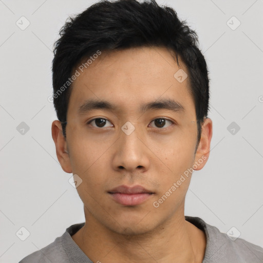 Neutral asian young-adult male with short  black hair and brown eyes