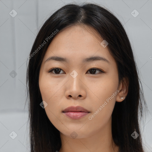 Neutral asian young-adult female with long  brown hair and brown eyes