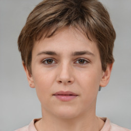 Neutral white young-adult female with short  brown hair and grey eyes