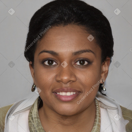 Joyful black young-adult female with short  black hair and brown eyes