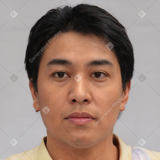 Neutral asian young-adult male with short  brown hair and brown eyes