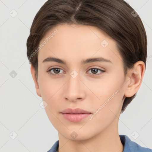 Neutral white young-adult female with short  brown hair and brown eyes