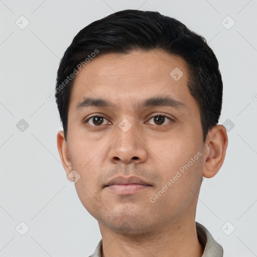 Neutral asian young-adult male with short  black hair and brown eyes