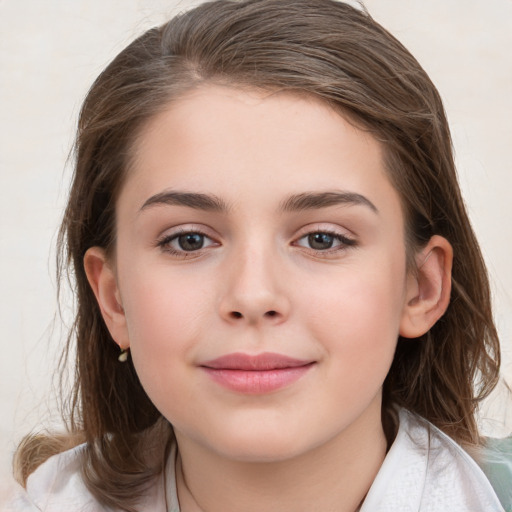 Joyful white child female with medium  brown hair and brown eyes