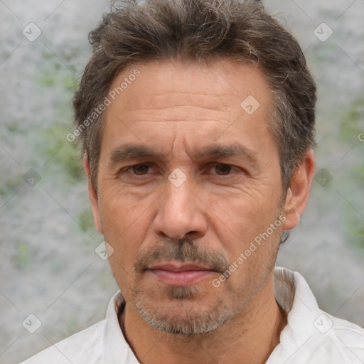 Neutral white middle-aged male with short  brown hair and brown eyes