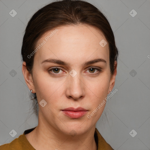 Neutral white young-adult female with medium  brown hair and grey eyes