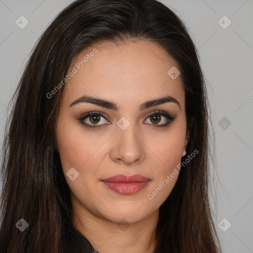 Joyful white young-adult female with long  brown hair and brown eyes