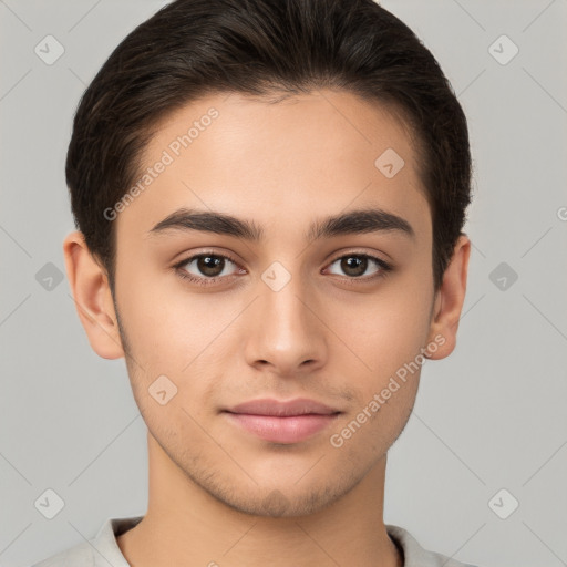 Joyful white young-adult male with short  brown hair and brown eyes