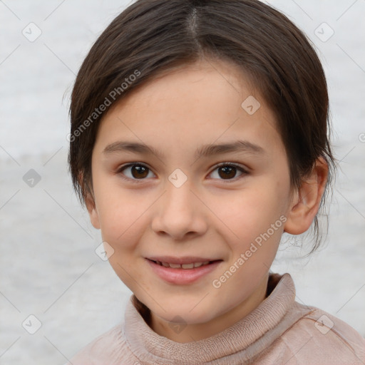 Joyful white child female with short  brown hair and brown eyes