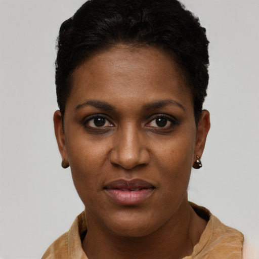 Joyful black young-adult female with short  brown hair and brown eyes