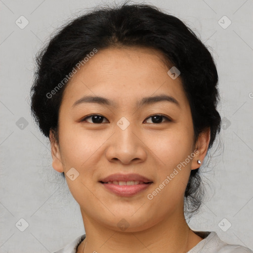 Joyful asian young-adult female with short  brown hair and brown eyes