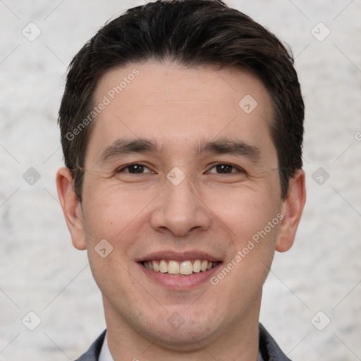 Joyful white young-adult male with short  brown hair and brown eyes