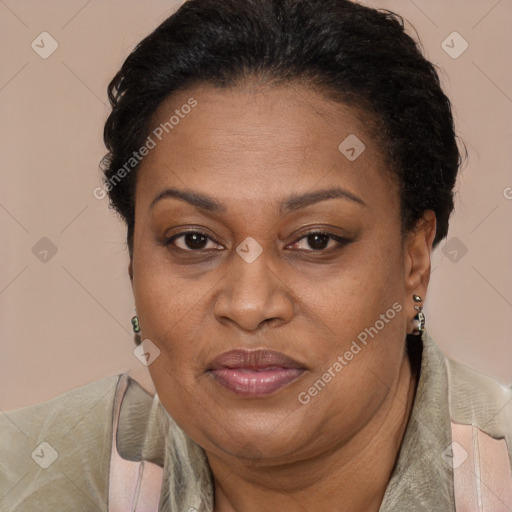 Joyful latino adult female with short  brown hair and brown eyes