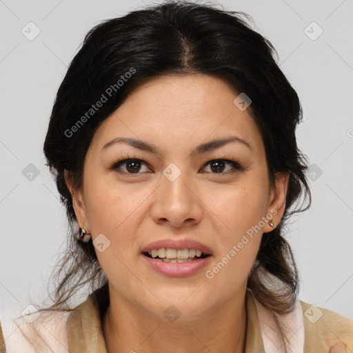 Joyful latino adult female with medium  brown hair and brown eyes