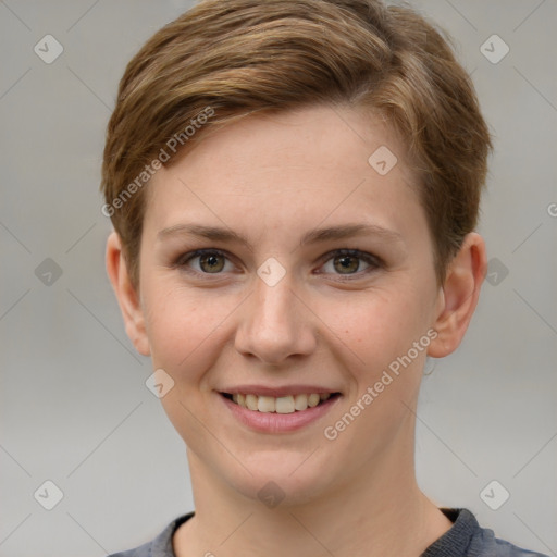 Joyful white young-adult female with short  brown hair and grey eyes