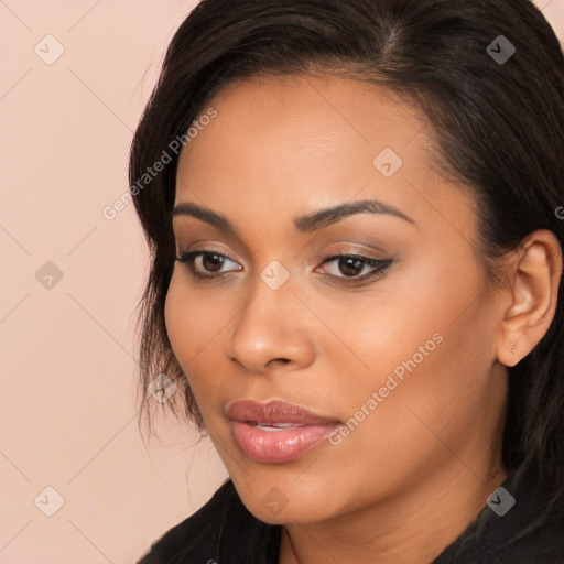 Joyful latino young-adult female with long  brown hair and brown eyes